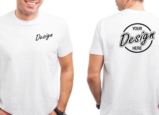 Custom t-shirt design examples for front and back printing in white, for bespoke clothing services.