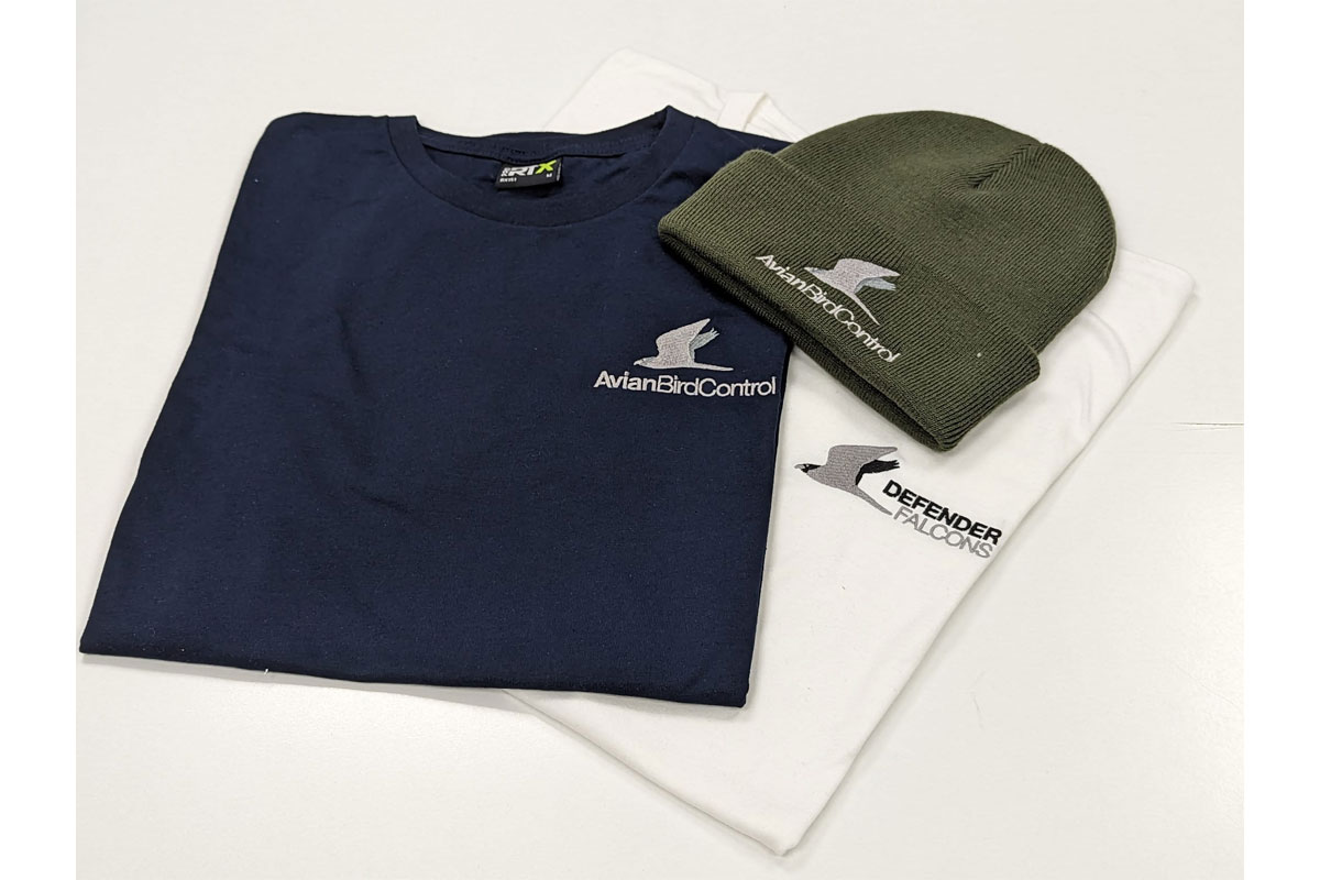 Avian-Bird-Control Custom logo embroidery on workwear for Avian Bird Control and teamwear for Defender Falcons.