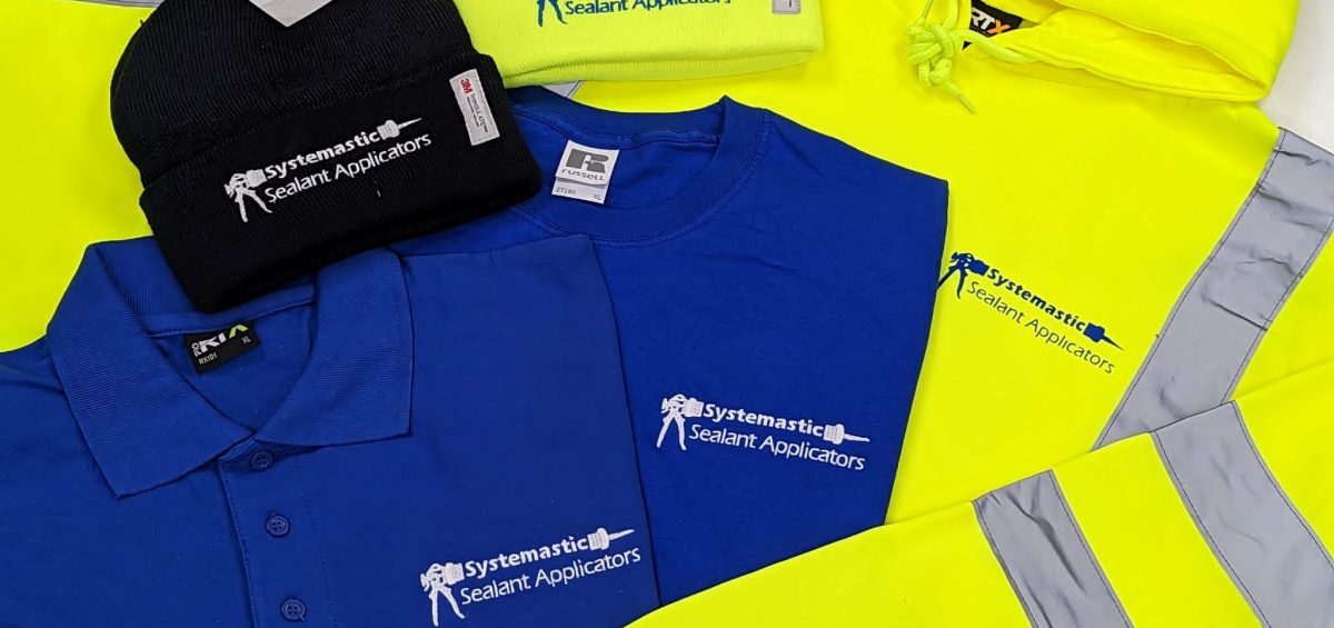 Systemastic Sealant Applicators branded hi-vis jackets, hoodies, beanies, polos, and t-shirts, customised with their logo.