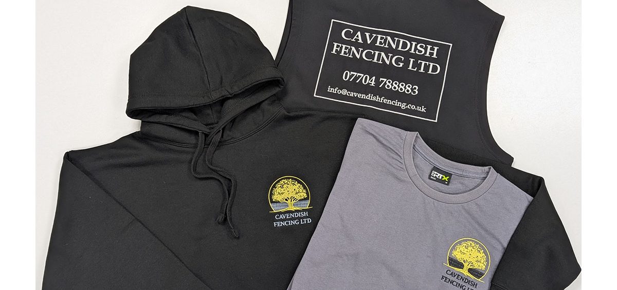 Customised black hoodie, black gilet, and grey long-sleeve t-shirt, all branded with the Cavendish Fencing Ltd logo