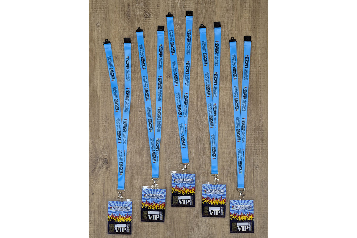 Littlegarth "LEAVERS 2023" branded lanyards and VIP passes. Personalised event lanyards and VIP passes for Littlegarth's leavers' event, showcasing custom branding and design.